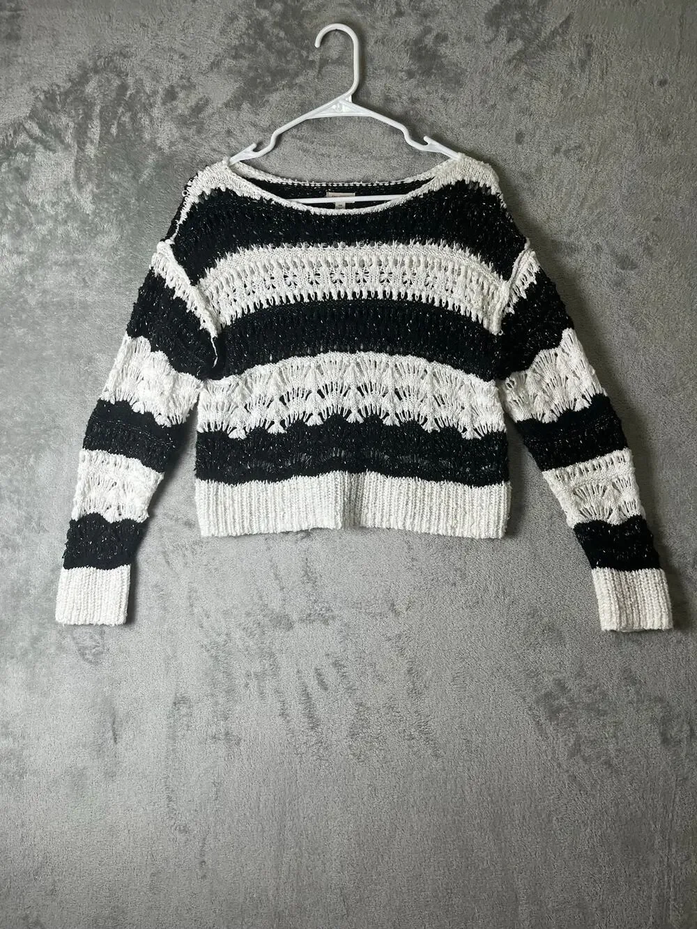 Pilcro Palmer Open Stitch Pullover Sweater Black Cream Striped XXS Anthropologie